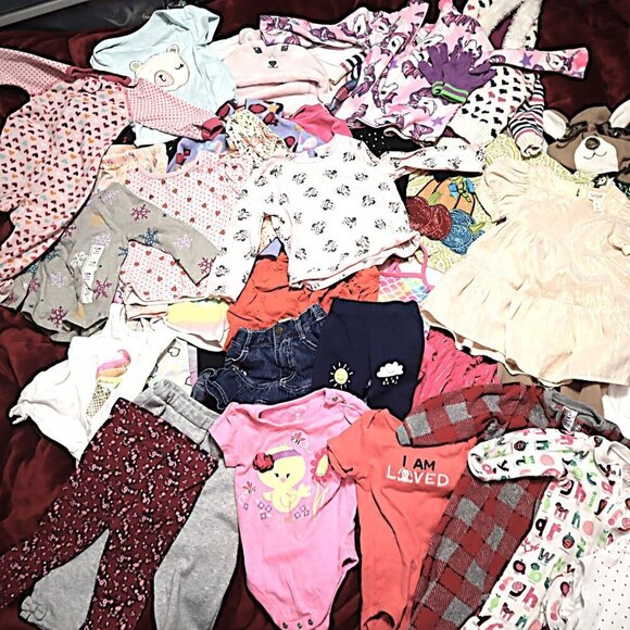 LOT OF 38 BABY GIRL CLOTHES NB-2T Jackets Halloween Christmas Swimsuits PJs Fall - Picture 1 of 13